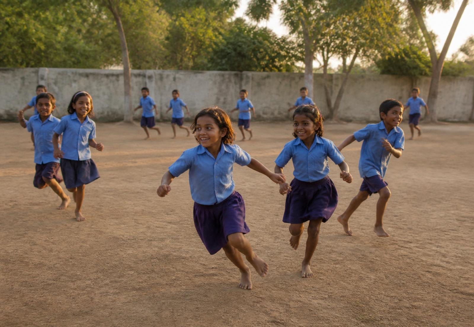 Children running during the games period on the school ground